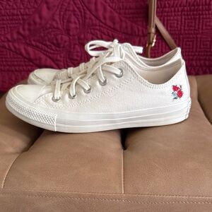 Converse White Canvas Sneakers with Red Rose Embroidery